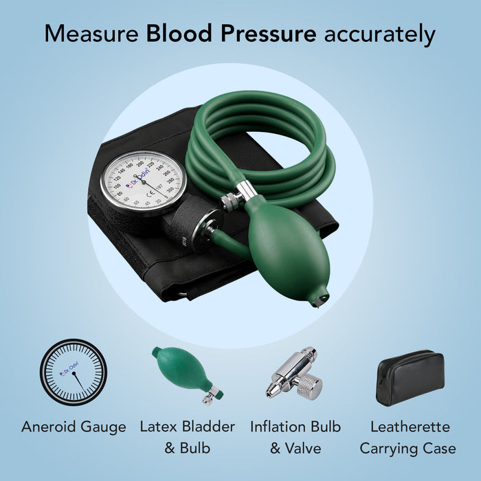Blood pressure monitor set with a green inflatable bulb, coiled tubing, black cuff, aneroid gauge, inflation bulb, carrying case, and labeled parts on a light blue background.