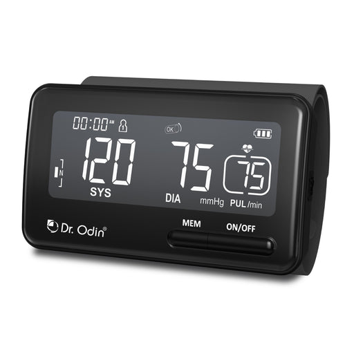 Digital blood pressure monitor with display on a white background, branded 'Dr. Odin'.