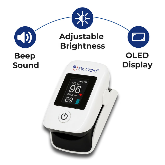 OLED display device with features like adjustable brightness, beep sound, and Dr. Odin branding on a white background.