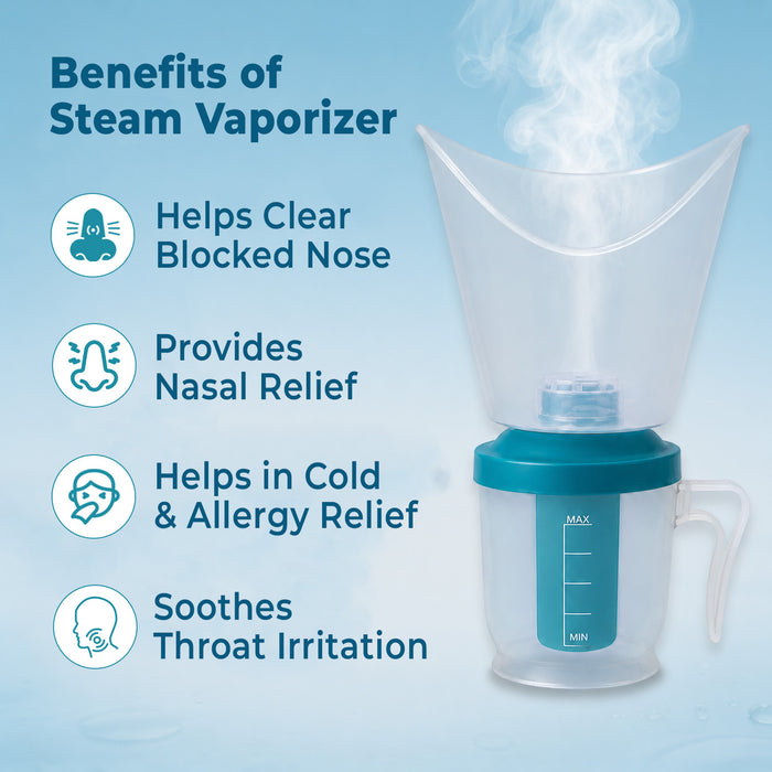 Steam vaporizer with text listing benefits on a blue background