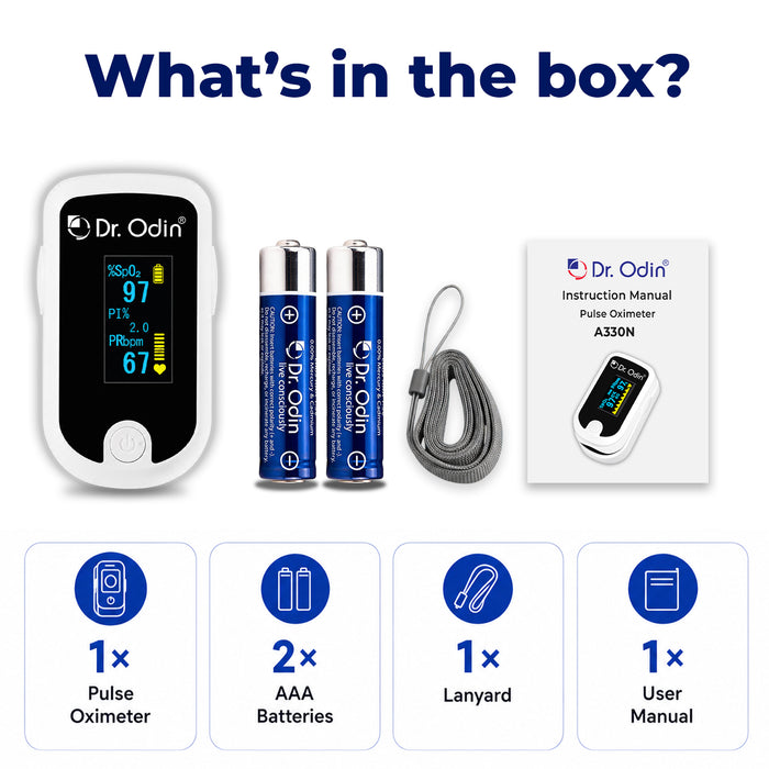 Dr. Odin pulse oximeter set with batteries, lanyard, and user manual on a white background.