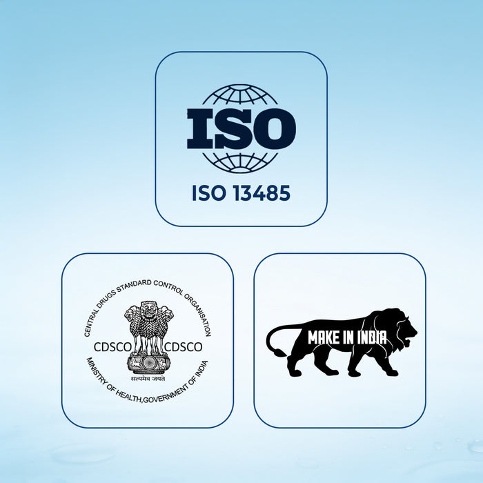 ISO 13485 certification logo, CDSCO logo, and 'Make in India' lion logo on a blue gradient background.