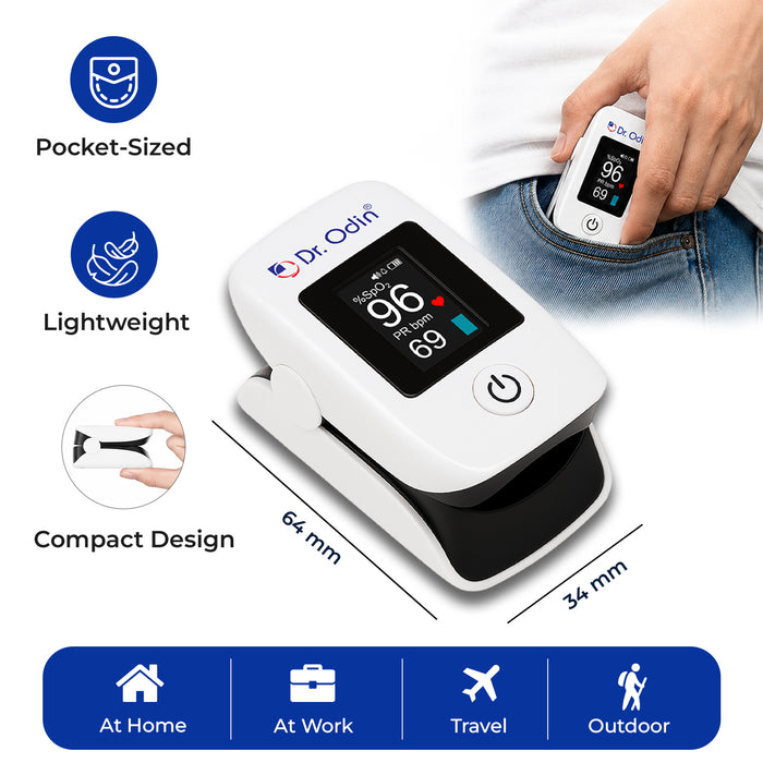 Dr. Odin pulse oximeter with features highlighted on a white background