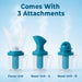 Three attachments for a nasal and facial device on a blue background with text 'Comes With 3 Attachments'.