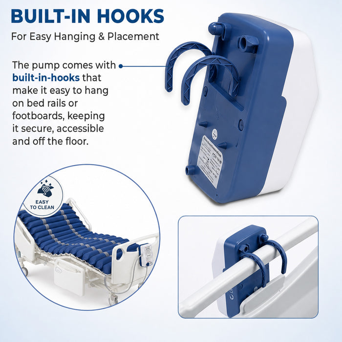 Blue and white pump with built-in hooks for easy hanging on bed rails or footboards.
