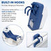 Blue and white pump with built-in hooks for easy hanging on bed rails or footboards.