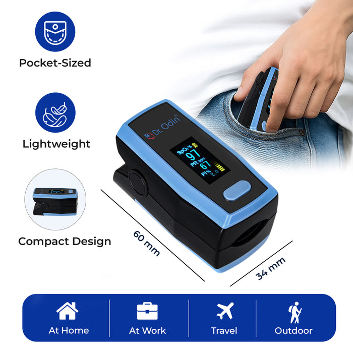 Finger pulse oximeter with features highlighted on a white background