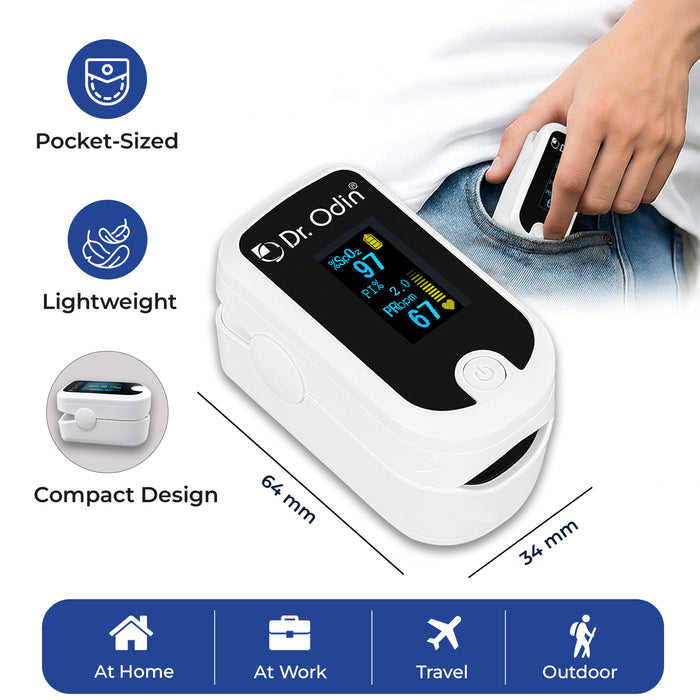 Finger pulse oximeter with Dr. Odin branding, showing measurements and features on a white background.