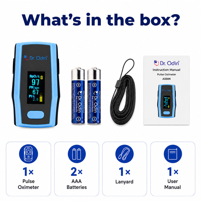 Dr. Odin pulse oximeter set with batteries, lanyard, and user manual on a white background.