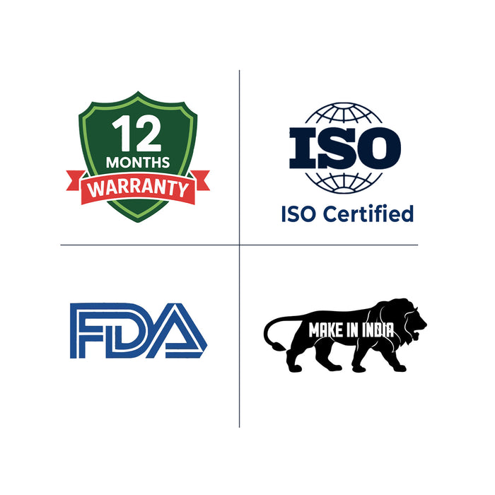 Four logos representing 12 months warranty, ISO certification, FDA approval, and 'Made in India' on a white background.