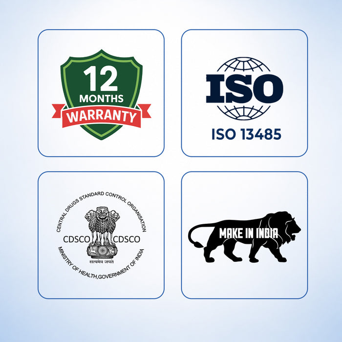 Set of four logos on a light blue background: 12 months warranty, ISO 13485, CDSCO logo, and 'Made in India' lion emblem.