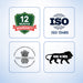 Set of four logos on a light blue background: 12 months warranty, ISO 13485, CDSCO logo, and 'Made in India' lion emblem.