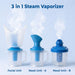 Three components of a 3-in-1 steam vaporizer on a light blue background