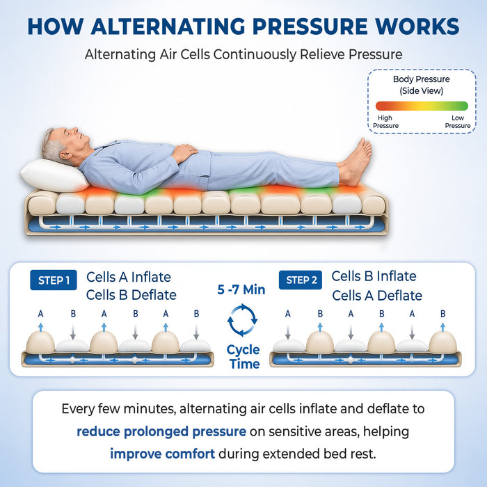 Diagram explaining how alternating pressure works on a mattress with a person lying on it.
