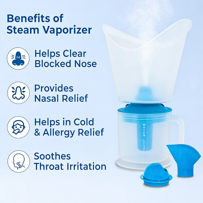 Steam vaporizer with benefits listed on a blue background