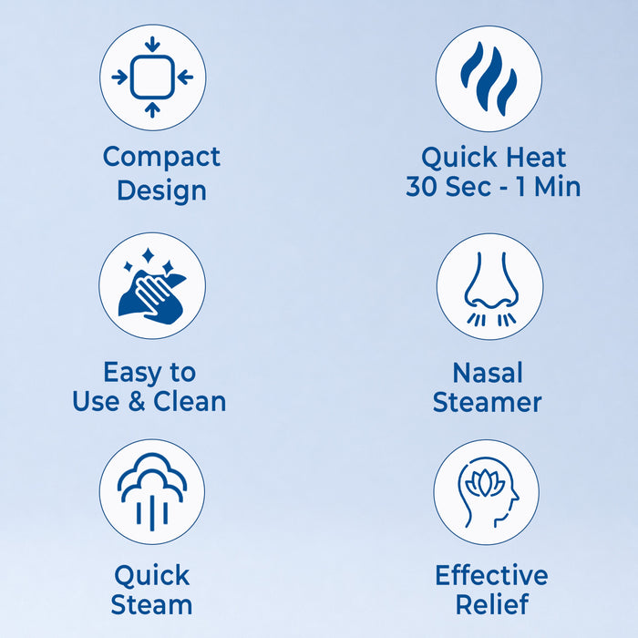 List of features of a nasal steamer on a light blue background