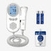 Dr. Odin fetal doppler ultrasound device with batteries and gel on a white background