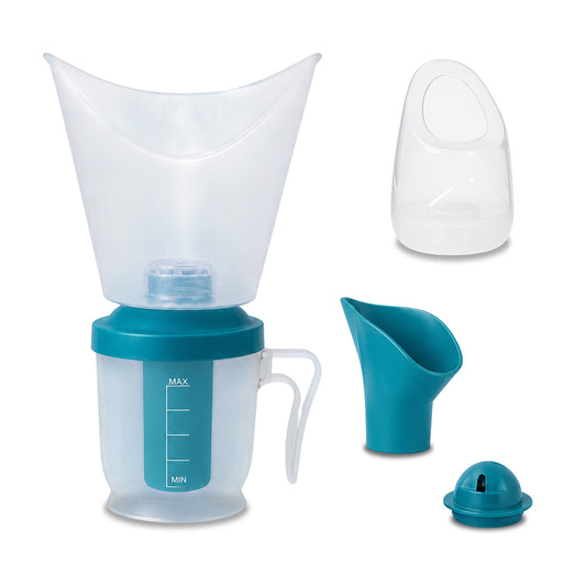 Teal and white nasal aspirator with additional components on a white background