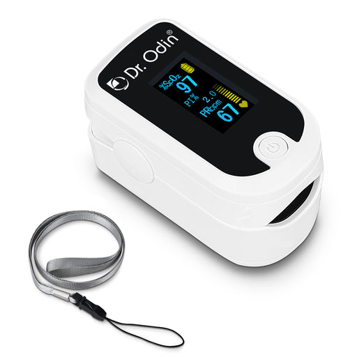 Dr. Odin pulse oximeter with a lanyard on a white background