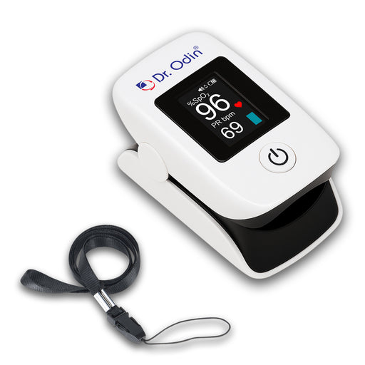 Finger pulse oximeter with lanyard on a white background, branded 'Dr. Odin'.