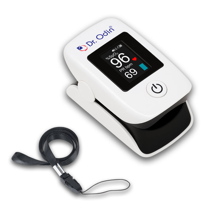 Finger pulse oximeter with lanyard on a white background, branded 'Dr. Odin'.