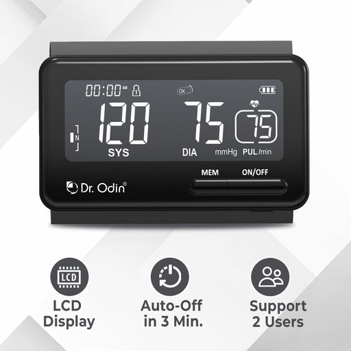 Blood pressure monitor with digital display on a white background, featuring the brand 'Dr. Odin'.