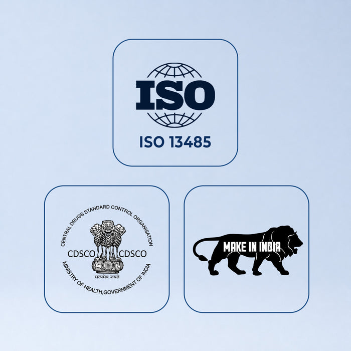 ISO 13485 certification logo, CDSCO logo, and 'Make in India' lion logo on a light blue background.