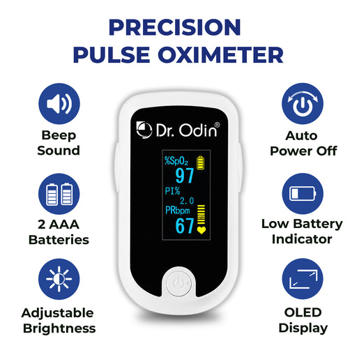 Dr. Odin precision pulse oximeter with features listed on a white background