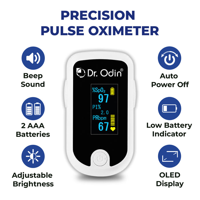 Dr. Odin precision pulse oximeter with features listed on a white background
