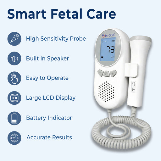 Fetal heart monitor with features listed on a light blue background