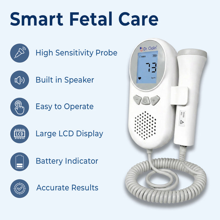 Fetal heart monitor with features listed on a light blue background
