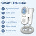 Fetal heart monitor with features listed on a light blue background