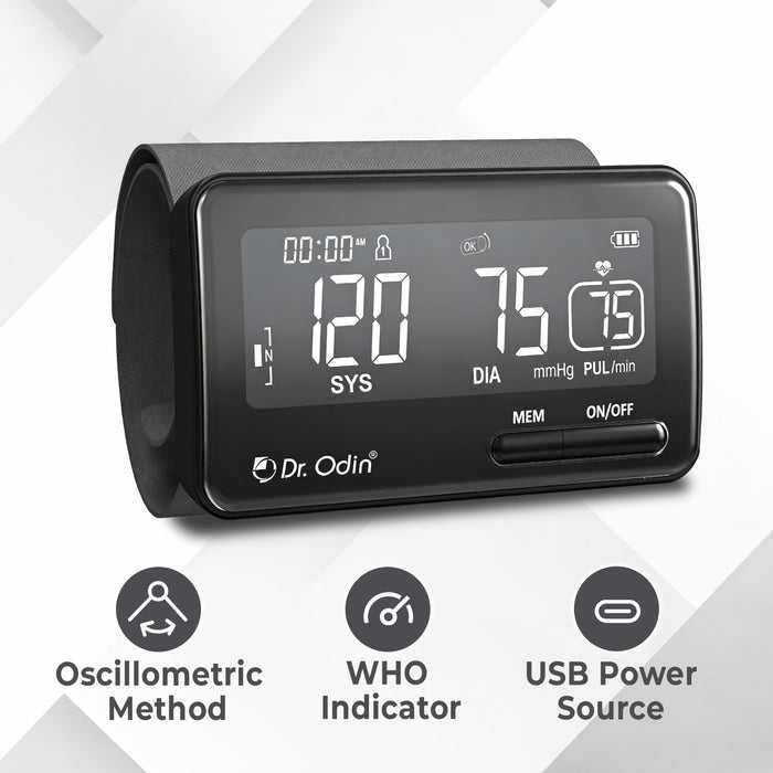 Blood pressure monitor with digital display on a white background, featuring the brand 'Dr. Odin'.