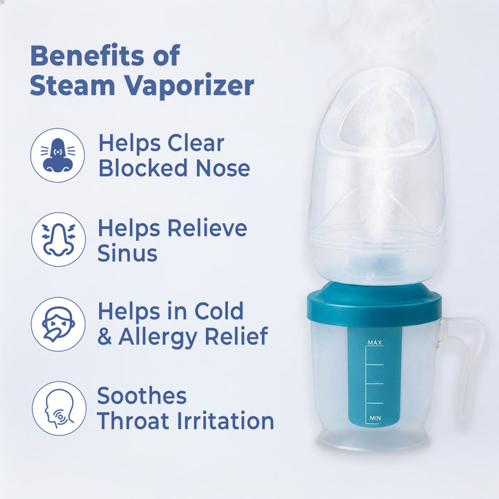 Steam vaporizer with benefits listed on a white background