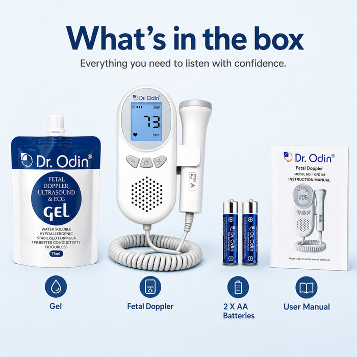 Dr. Odin fetal doppler ultrasound and ECG set with gel, batteries, and manual on a light blue background.