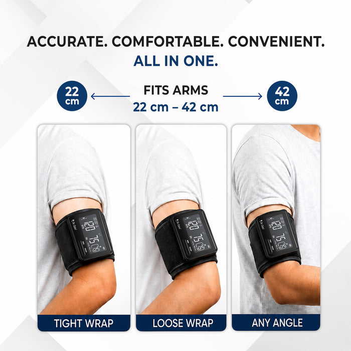 Blood pressure monitor with arm wraps showing different wrapping techniques on a white background.
