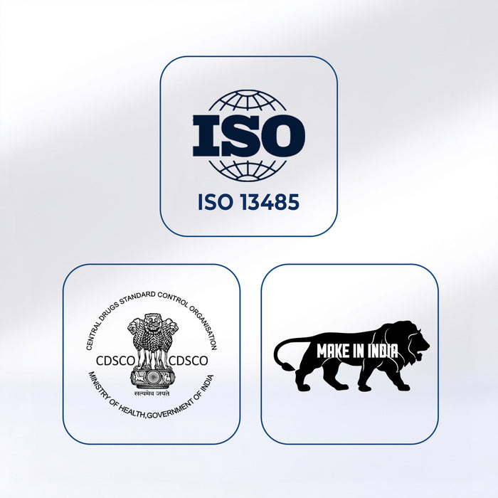 Three logos on a white background: ISO 13485, CDSCO, and 'Make in India'.