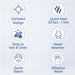 List of features with icons and text on a light blue background