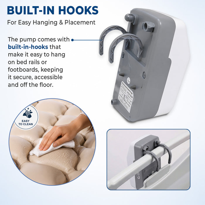 Pump with built-in hooks for easy hanging on bed rails or footboards, shown with text and additional images.
