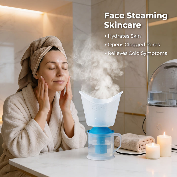 Woman using a face steaming device in a bathroom setting with text about face steaming skincare benefits.