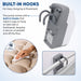 Pump with built-in hooks for easy hanging on bed rails or footboards, shown with text and additional images.