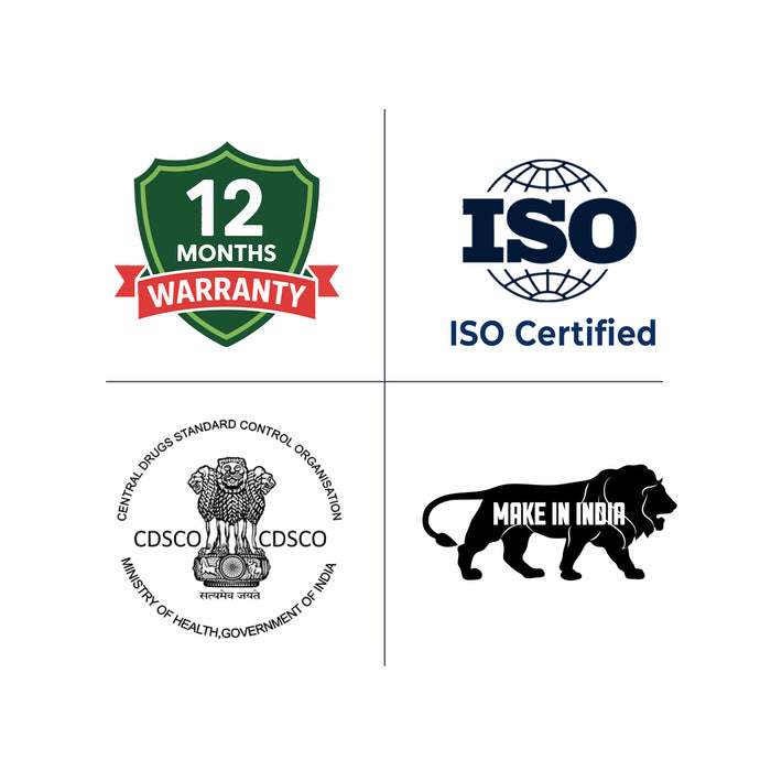 Four logos representing 12 months warranty, ISO certification, CDSCO logo, and 'Make in India' tiger emblem on a white background.