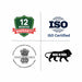 Four logos representing 12 months warranty, ISO certification, CDSCO logo, and 'Make in India' tiger emblem on a white background.