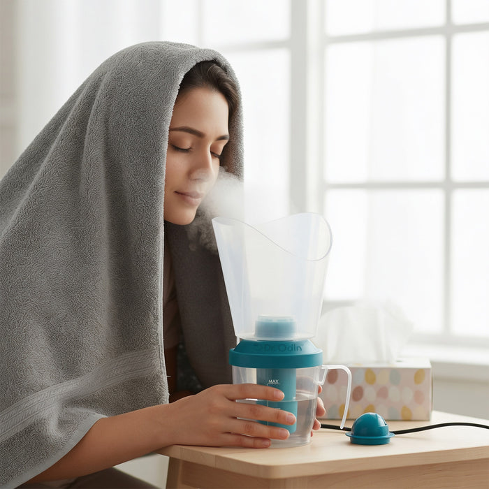 Person using a humidifier with a towel draped over their shoulders in a bright room.