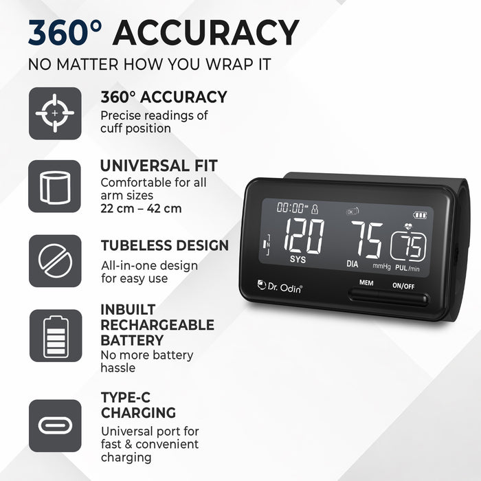 Blood pressure monitor with features listed on a white background