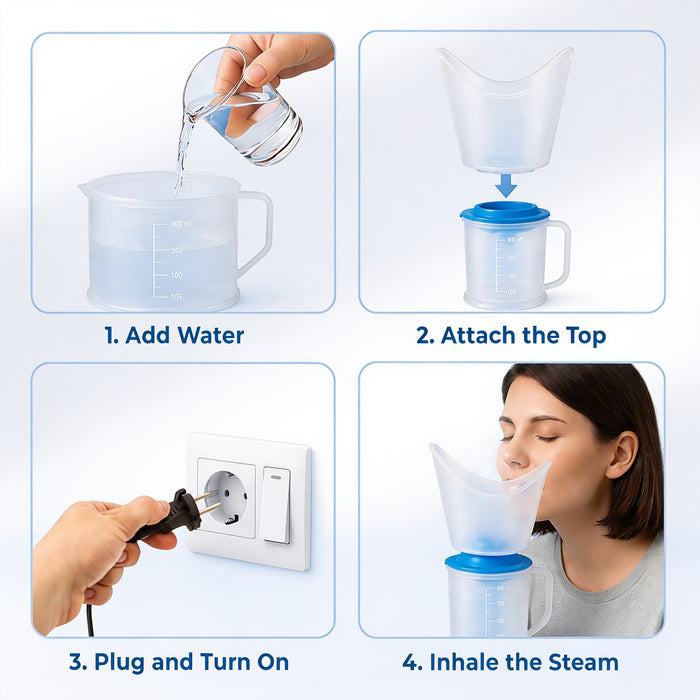 Step-by-step guide on how to use a steam inhaler with images of adding water, attaching the top, plugging it in, and inhaling steam.