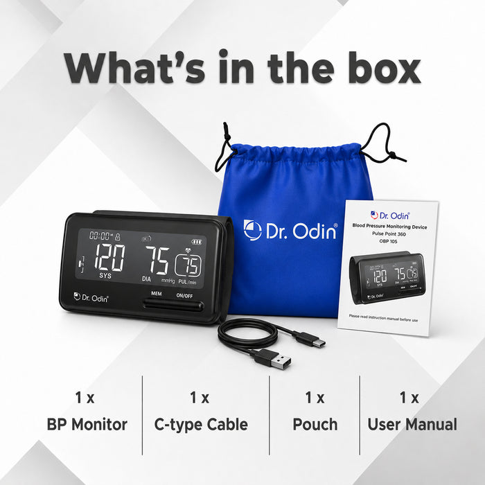 Dr. Odin blood pressure monitor with accessories on a white background