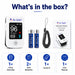 Dr. Odin pulse oximeter set with batteries, lanyard, and user manual on a white background.