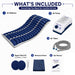 Inflation kit with air mattress, pump, tubes, repair patch kit, waterproof sheet, and user manual on a white background.