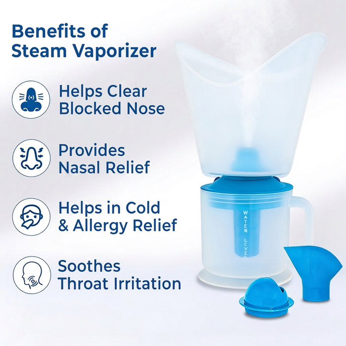 Steam vaporizer with benefits listed on a white background